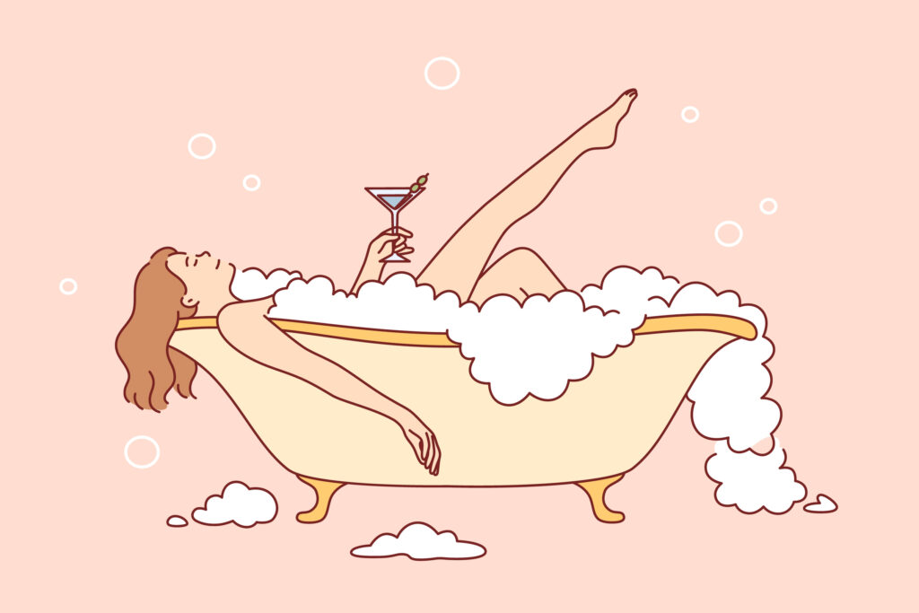 drawing of lady relaxing in bubbly bath with drink in hand